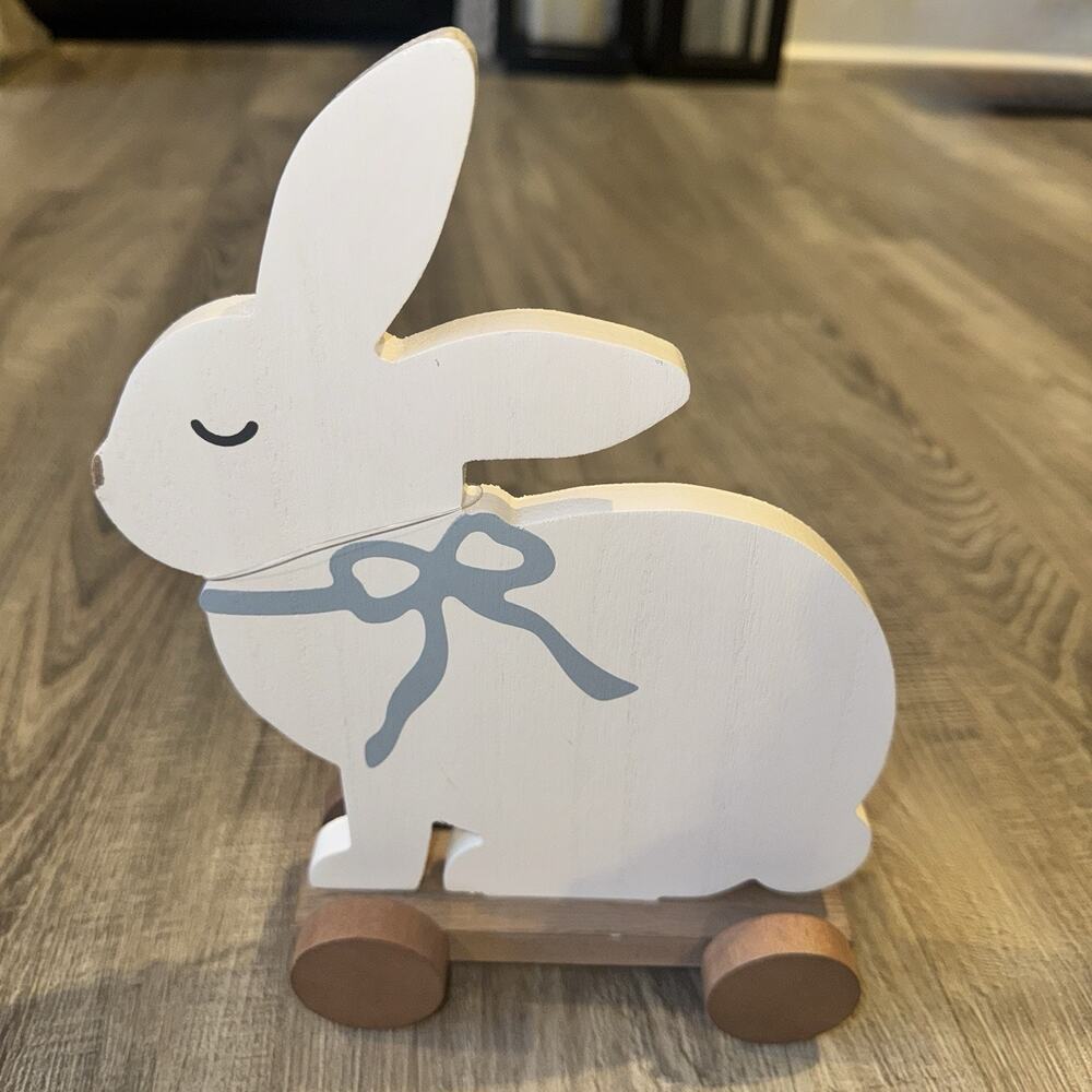 Hobby Lobby Wooden White Bunny Rabbit Pull Toy Easter Spring Decor Blue Bow NWT